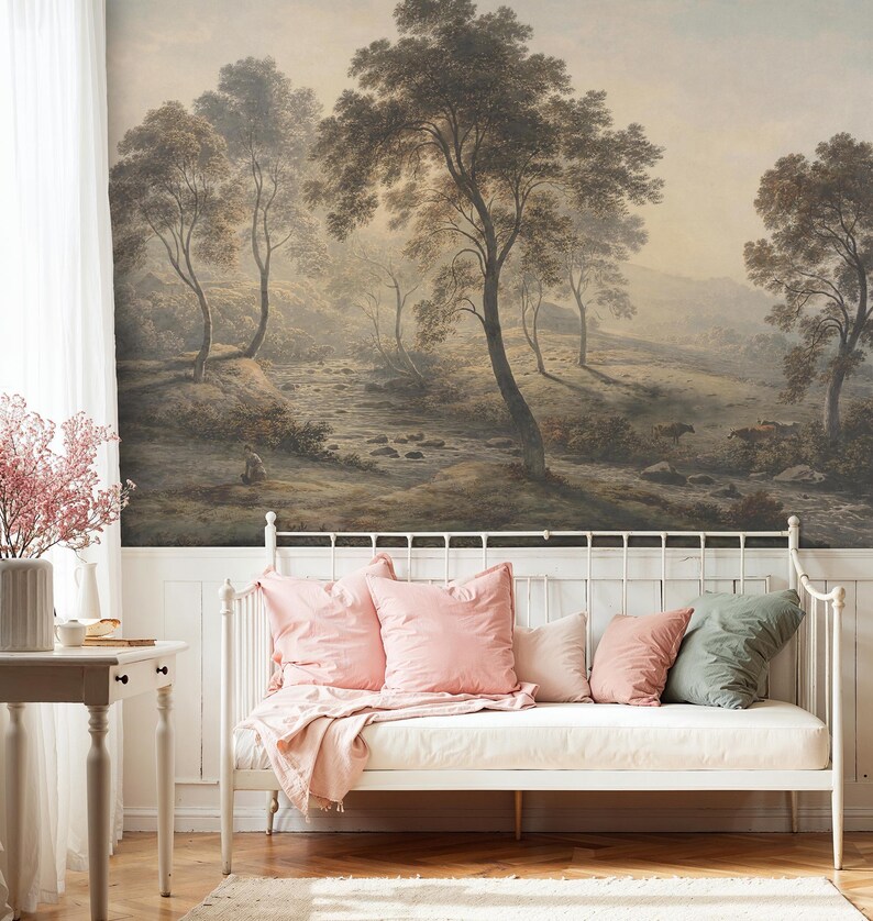 Rustic Countryside Landscape Mural: River Valley with Trees and Cows Peel and Stick Wallpaper Bild 11
