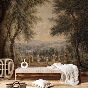 Historic Landscape Wallpaper, Custom Size Vintage Mural, Classical Pastoral Scene Wallpaper, Custom Tree and Humands Landscape Wallpaper