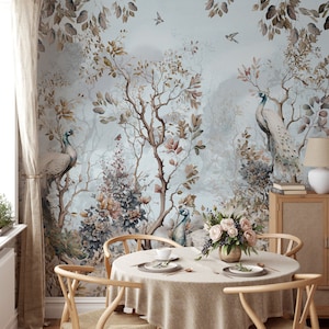 Blue Chinoiserie Wallpaper Peel and Stick, Chinoiserie Wallpaper, Peacock Wall Mural, Crane Wallpaper, Removable Wallpaper Birds and Flowers