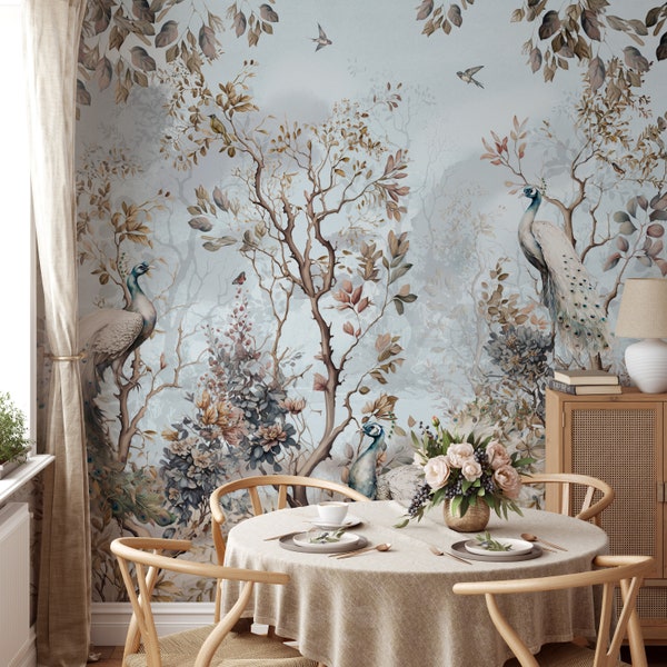 Blue Chinoiserie Wallpaper Peel and Stick, Chinoiserie Wallpaper, Peacock Wall Mural, Crane Wallpaper, Removable Wallpaper Birds and Flowers