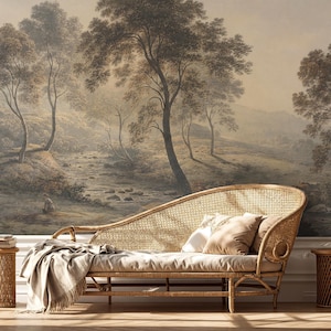 Rustic Countryside Landscape Mural: River Valley with Trees and Cows Peel and Stick Wallpaper Bild 6