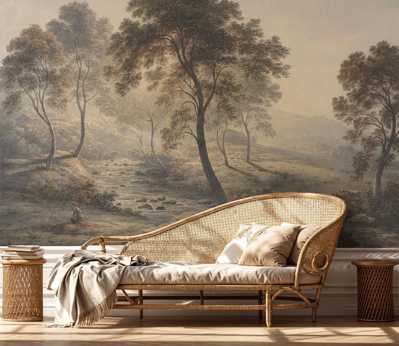 Rustic Countryside Landscape Mural: River Valley with Trees and Cows Peel and Stick Wallpaper Bild 6
