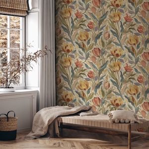 Tulip Wallpaper, Vintage Tulip Wallpaper, Floral Wallpaper, Peel and Stick Wallpaper, Nature Wallpaper, Flower Botanical Wallpaper