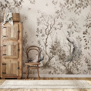 Elegant Vintage Peacock Wallpaper, Flower Wall Mural, Peel and Stick Wallpaper, Chinoiserie Wallpaper, Asian Wall Mural, Peacock Wallpaper