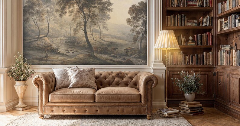 Rustic Countryside Landscape Mural: River Valley with Trees and Cows Peel and Stick Wallpaper Bild 10