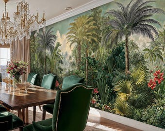 May include: A dining room featuring a large wooden table with green velvet chairs. The wall is adorned with a vibrant mural depicting a lush tropical forest with palm trees, various plants, and red flowers. A crystal chandelier hangs above the table.