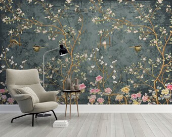 Chinoiserie Wallpaper, Crane Wallpaper, Wallpaper With Birds Flowers, Asian Wall Mural, Peacock Wall Mural, Wallpaper Vintage