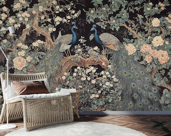 May include: A detailed mural featuring two peacocks perched on a tree branch, surrounded by flowers and foliage. The color palette includes shades of blue, green, and brown, creating a natural and elegant scene. A wicker chair and rug are in the foreground.