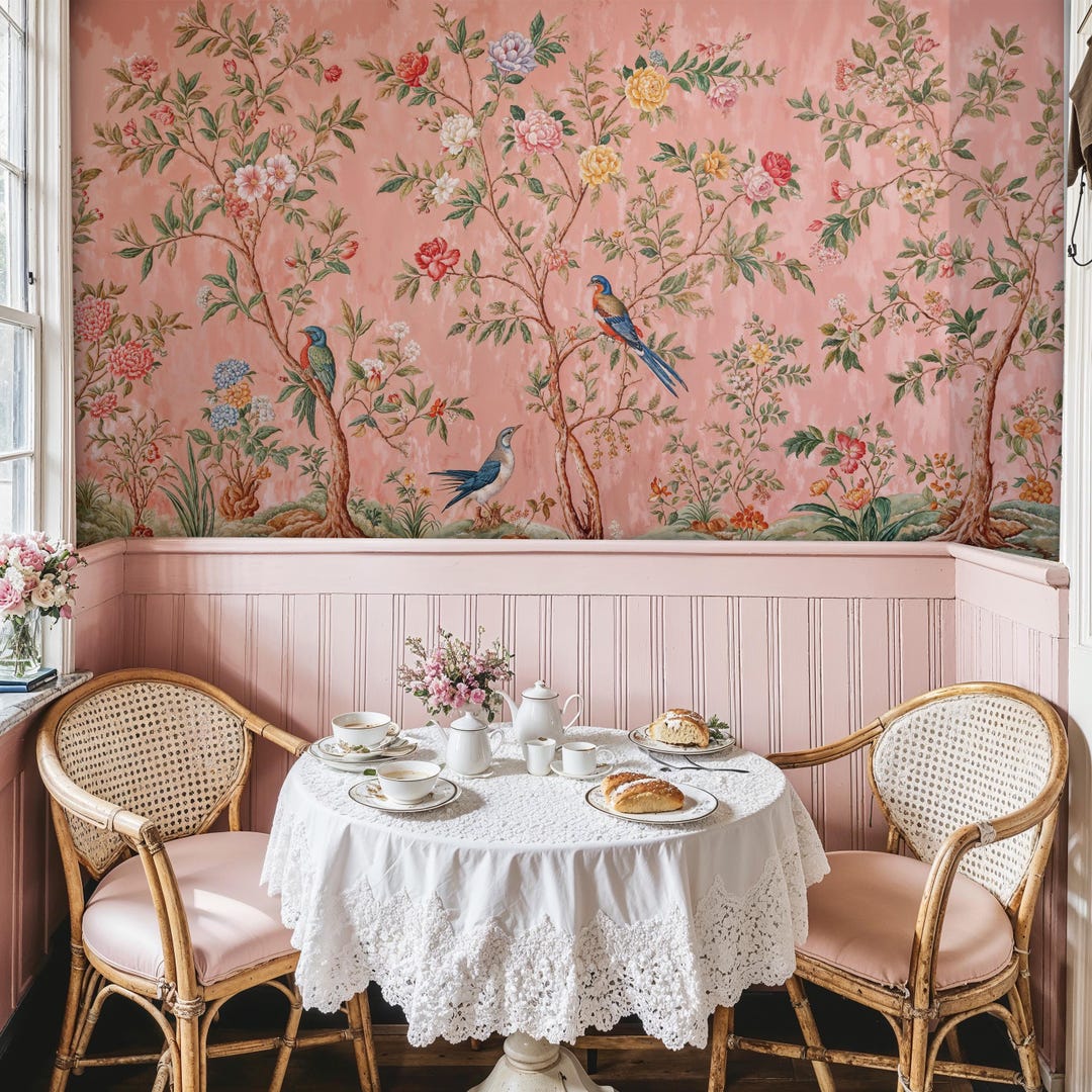 Pink Chinoiserie Wallpaper Mural: Birds, Flowers, Trees - Etsy