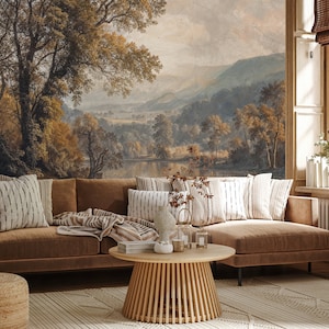 Scenic River View Wallpaper Mural: Landscape Watercolor, Peel and Stick