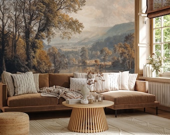 Scenic River View Wallpaper Mural: Landscape Watercolor, Peel and Stick