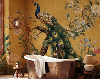 May include: A vintage-style bathroom with a copper bathtub and a floral wallpaper featuring a peacock with a long tail. The wallpaper is a muted gold color with pink, white, and blue flowers.