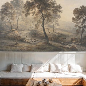 Rustic Countryside Landscape Mural: River Valley with Trees and Cows Peel and Stick Wallpaper Bild 5