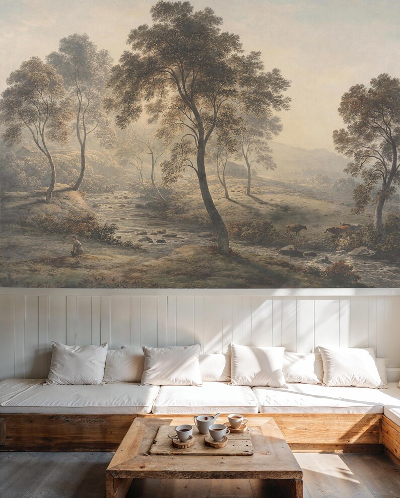 Rustic Countryside Landscape Mural: River Valley with Trees and Cows Peel and Stick Wallpaper Bild 5