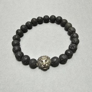 Unisex 8mm Black Lava Bead Bracelet with Alloy Silver Lion Head.