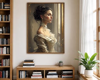 May include: A framed wall art print featuring a portrait of a person with dark hair styled in an updo, wearing a ruffled off-the-shoulder cream-colored garment. The subject is shown in profile against a neutral background with gold accents.