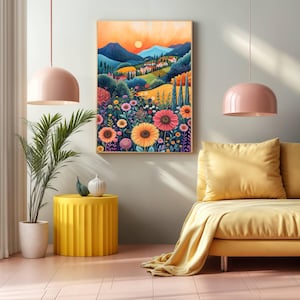 Puede incluir: Una pintura colorida de un paisaje con un pueblo en la distancia, un cielo de puesta de sol y un campo de flores en primer plano. Las flores son en tonos de rosa, rojo, amarillo y naranja.