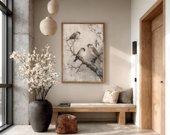 Estampa de Galhos de Pardais, Paisagem Oriental Asiática em Tinta Aquarela Sumi-E, Decoração Minimalista Zen Feng Shui, Presente Ecológico para Inauguração de Casa