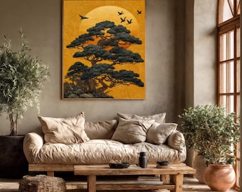 Japanese Pine Tree Branches Moon Wall Art Print,Oriental Asian Landscape Ink Watercolor SumiE Minimal Zen Feng Shui Decor Eco Friendly Gift