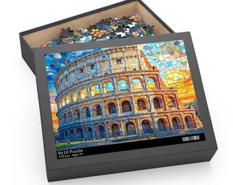 Può includere: Un puzzle da 120 pezzi con un'immagine a mosaico colorata del Colosseo a Roma. La scatola è nera con il testo "8x10 Puzzle 120 pcs Ages 9+"