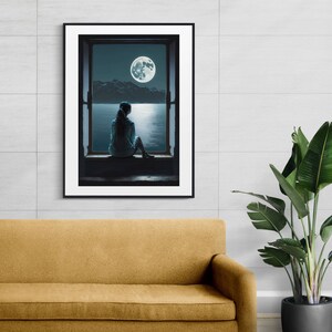 Eine Frau sitzt auf einer Fensterbank - Digitaler Download, druckbare Wandkunst, Wanddekoration, Druckwandkunstposter.