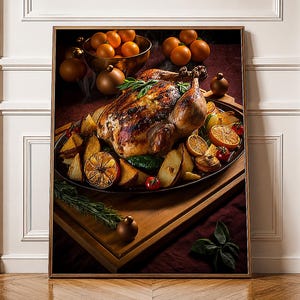 Puede incluir: Un pollo asado servido en una fuente oscura con gajos de patata asados, rodajas de naranja y tomates cherry. Un cuenco de naranjas se encuentra al fondo y una rama de romero fresco descansa sobre la tabla de cortar de madera.