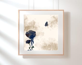 Impresión artística abstracta de flores y mariposas: decoración de pared con flores de acuarela azul, hecha a mano, descarga digital