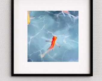 Impresión artística de peces nadando: decoración de pared con estanque de koi, hecha a mano, descarga digital
