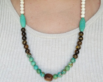 Turquoise, Tigers Eye, and White Howlite Gemstone Beaded Necklace