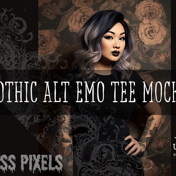 Edgy Fashion Tee Mockup Kit: "Jill" goth gothic emo alt scene girl dark fashion mockup kit template .png .psd. xcf Canva template