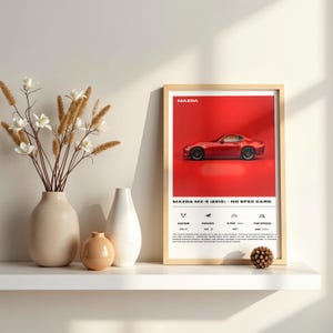 Karta specyfikacji Mazdy MX-5 ND 2015 · Plakat z czerwonym samochodem · Cyfrowy wydruk dekoracyjny · Minimalistyczna sztuka dla miłośników motoryzacji