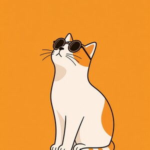 May include: A digital illustration of a white and orange cat sitting and looking upward. The cat is wearing round, dark-tinted sunglasses with black frames. The background is a solid, vibrant orange color, and the cat has a simple, clean outline.