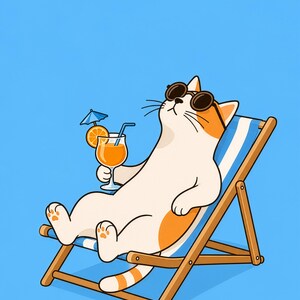 May include: A white and orange cat wearing dark round sunglasses, reclining in a wooden deck chair with blue and white striped fabric. The cat holds a glass of orange juice garnished with a slice of orange and a small blue paper umbrella.