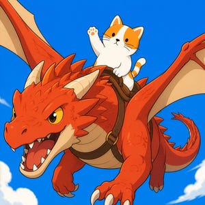 May include: A digital illustration of a small orange and white cat with a raised paw riding on the back of a large, red, winged dragon. The dragon has sharp teeth, yellow eyes, and a brown leather saddle against a bright blue sky with clouds.