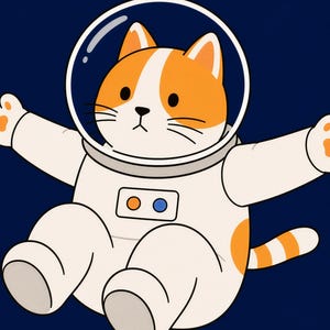 May include: A cartoon illustration of an orange and white cat wearing a white astronaut suit with a clear glass helmet. The cat has orange patches on its head and tail, and the suit features a small control panel with one orange and one blue button.