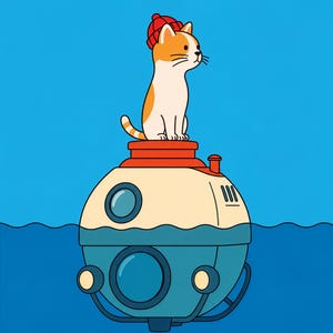May include: A digital illustration of a white and orange cat wearing a red beanie, sitting atop a spherical, cream and blue submarine. The submarine features circular windows, a red hatch, and dark blue railings, set against a solid blue background.