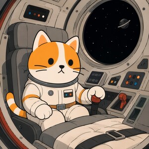 May include: An orange and white cat wearing a white spacesuit sits in the pilot seat of a spacecraft. The cat holds a control lever inside a cockpit with various buttons and switches. A circular window shows a view of space with a ringed planet.
