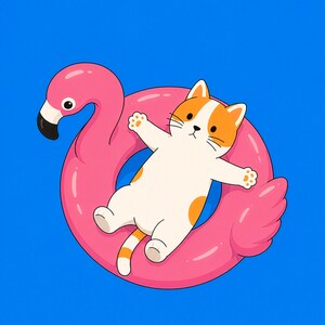 May include: A digital illustration of a white and orange cat floating inside a bright pink flamingo-shaped pool float. The cat has its paws outstretched and is positioned against a solid, vibrant blue background, creating a clear contrast.