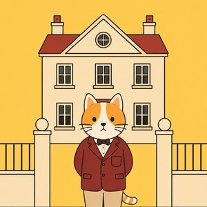 May include: A digital illustration of a ginger and white cat standing in front of a two-story house. The cat wears a dark red blazer, a white shirt, and a brown bowtie. The house has a red roof, cream walls, and a yellow background.