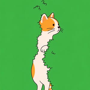 May include: A digital illustration of a long, orange and white cat standing upright behind a green bush. The cat has a curious expression, with two small black squiggly lines floating above its head to indicate a sense of confusion or surprise.