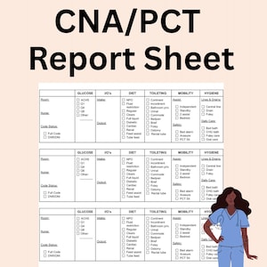 Peut inclure: Une feuille de rapport CNA/PCT avec des sections pour le glucose, les entrées/sorties, le régime alimentaire, les toilettes, la mobilité et l'hygiène. La feuille comprend des cases à cocher pour diverses évaluations médicales.