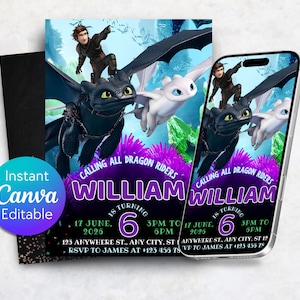 Könnte beinhalten: Eine Geburtstagseinladung mit einem schwarzen Drachen und einem weißen Drachen mit einer Person, die auf dem schwarzen Drachen reitet. Die Einladung lautet "Calling All Dragon Riders" und "William wird 6". Die Einladung ist in Canva editierbar.