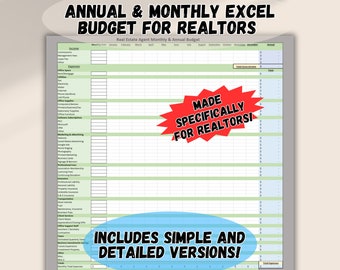 Realtor Budget, Excel Template, Annual and Monthly, Expense Report, Personal Budget, Instant Download, Detailed and Simple Versions Included