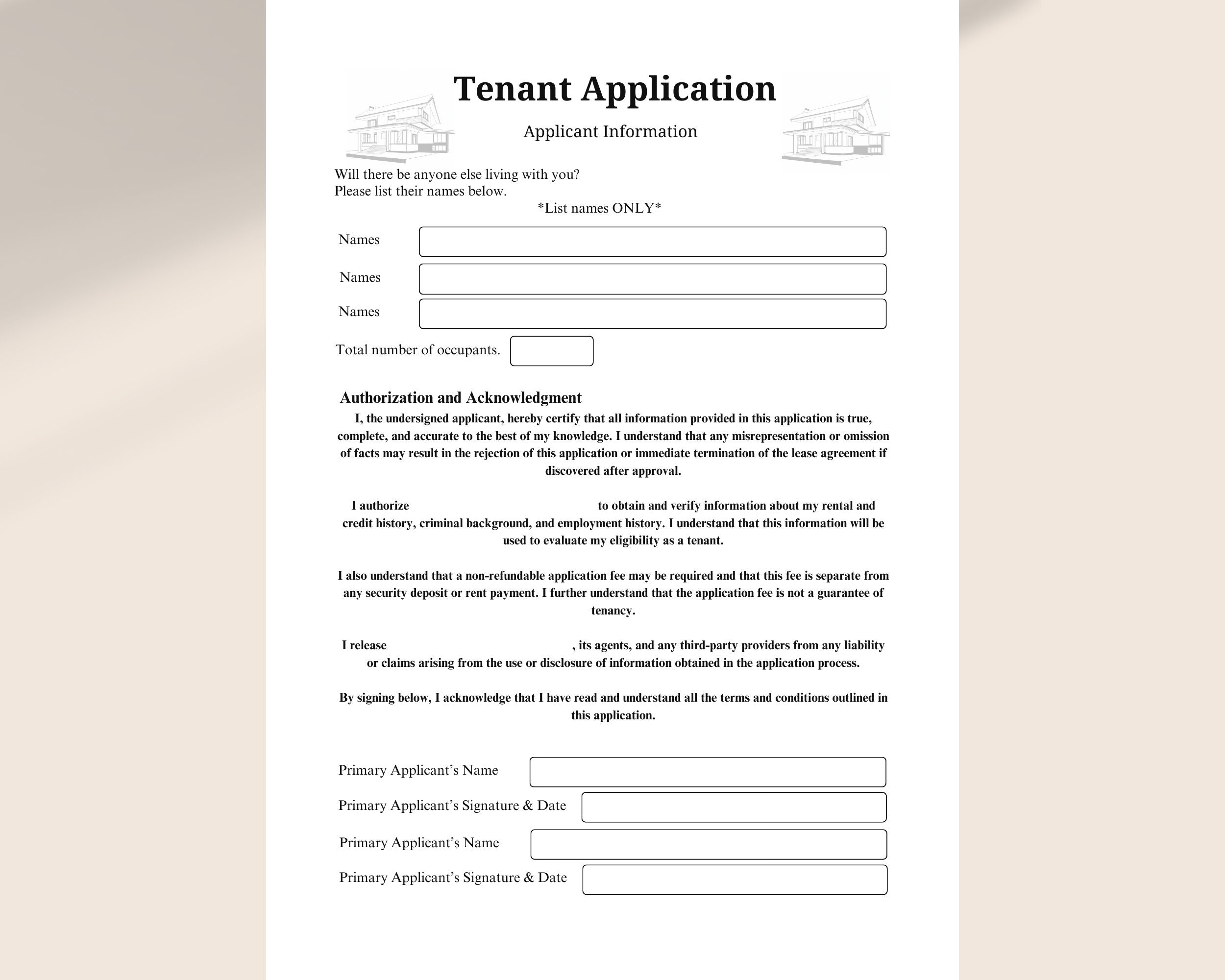 Tenant Application, Landlord Form, Printable and Fillable PDF, Property ...
