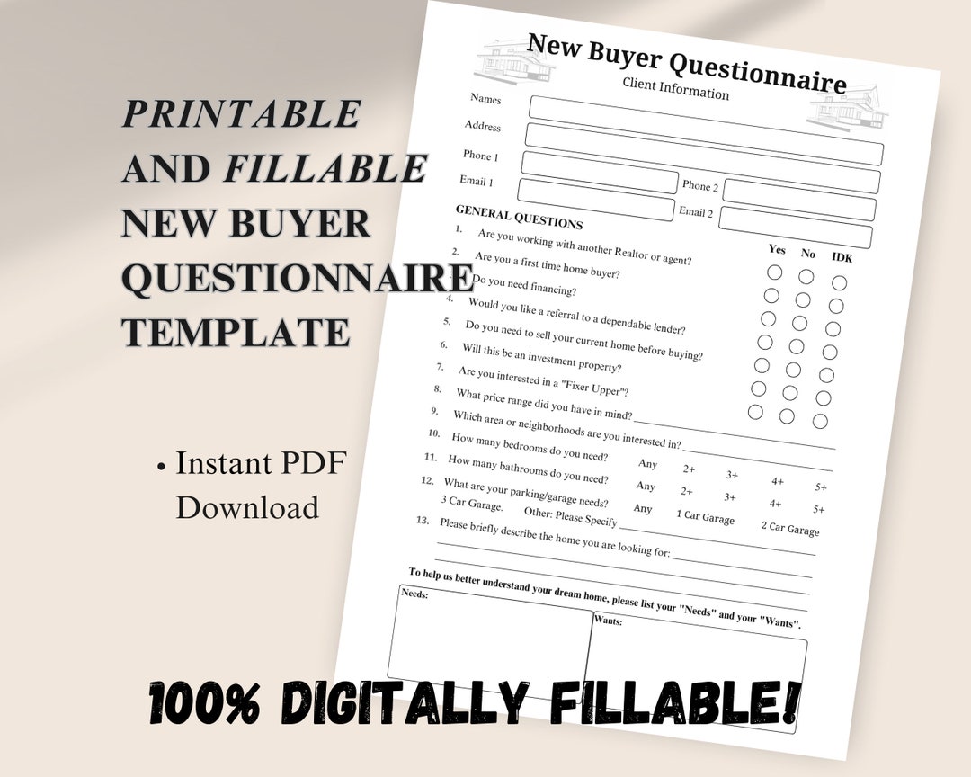 Real Estate Buyer Questionnaire, Printable and Fillable PDF, New Client