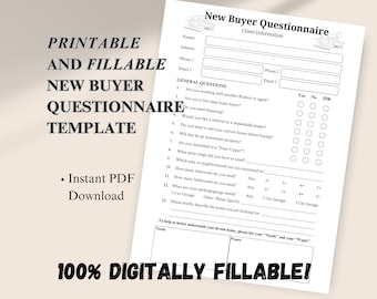 Real Estate Buyer Questionnaire, Printable and Fillable PDF, New Client Intake Survey, Simple to Use, Keep it Simple With Only One Page.