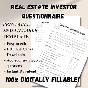 Real Estate Investor Questionnaire, 2 pages, Printable and Fillable PDF, New Client Intake Survey, Includes Canva Template Link for Editing.