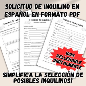 Könnte beinhalten: Ein druckbares PDF-Formular in Spanisch für eine Mieterbewerbung. Das Formular ist zu 100% digital ausfüllbar und kann verwendet werden, um die Auswahl potenzieller Mieter zu vereinfachen.