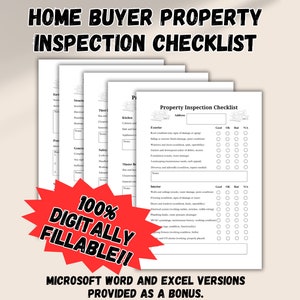 May include: A black and white printable home buyer property inspection checklist. The checklist includes sections for exterior and interior inspections with check boxes for good, ok, bad, and N/A. The checklist is 100% digitally fillable and includes Microsoft Word and Excel versions as a bonus.