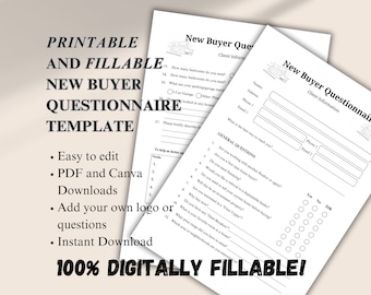 Real Estate Buyer Questionnaire, 2 pages, Printable and Fillable PDF, New Client Intake Survey, Includes Canva Template Link for Easy Edits.